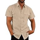 Men's 100% Linen Two-Pocket Short Sleeve Button-Down Dress Shirt (Size M - 3X) Casual Summer Beach Shirts Tee Tops