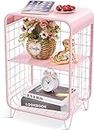 Indian Decor 11110 Metal Side Table,Cute Pink Nightstand,3 Tier End Table with Storage,Vintage Bedside Table,Girls Bedroom Furniture,Small Coffee Table for Living Room,Dorm