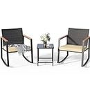 Gizoon 3 Pieces Rocking Patio Bistro Set with Anti-Scald Armrest, Outdoor Patio Wicker Furniture Set with Glass Table and Cushion for Garden, Yard, Porch