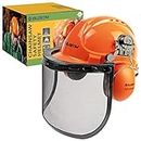 BLOSTM Chainsaw Safety Helmet with Visor - Orange Chainsaw Helmet with Safety Visor, Professional-Grade, Impact-Resistant Hard Hat with Ear Defenders, Built-In Protective Earmuffs and Steel Mesh Visor