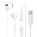iPhone 15 Type C Wired Earphones with Microphone & Remote Control Noise Cancelling Earbuds with Stereo Semi in Ear USB C Earphones Wired for iPhone 15/15 Plus, 15 Pro/ 15 Pro Max/S24 Ultra/S23, White