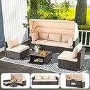 HOMREST 6 Pieces Patio Furniture Sets, Rattan Daybed with Retractable Canopy, Outdoor Sectional Sofa Set with Adjustable Backrest, Chaise Chair Sunbed for Garden Poolside Backyard (Khaki)