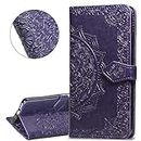 HMTECHUS Galaxy S7 Edge case Embossed Solid Color Flower Card Slots PU Leather Wallet Bookstyle Magnetic Flip Stand Shockproof Protection Slim Cover for Samsung Galaxy S7 Edge -Mandala Purple SD