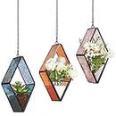 Yaomiao 3 Pcs Stained Glass Hanging Plant Terrariums Hanging Glass Planter Small Geometric Terrarium Air Plant Terrarium with Chain for Succulent Moss Holders Garden Wall Windowsill (Vivid Color)
