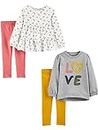 Simple Joys by Carter's Girls' 4-Piece Long-Sleeve Shirts and Pants Playwear Set, Grey Love/Pink/White Floral/Yellow Dots, 3 Years