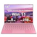 Ruzava 14" Laptop 8GB DDR4 256GB SSD Celeron N5095 (Up to 2.9Ghz) 4-Core Win 11 PC with Cooling Fan 1920 * 1200 2K FHD Screen Dual WiFi Support 1TB SSD Expand for Business Study-Pink
