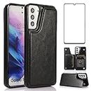 NKECXKJ Design for Samsung Galaxy S21 Case with Tempered Glass Screen Protector Credit Card Holder Slot, PU Leather Wallet Phone Cases Stand Kickstand Protective Cover for Glaxay S 21 Men Black