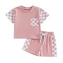 Geagodelia Toddler Baby Girl Summer Round Neck Short Sleeve T-Shirt Check Print Elastic Pullover Sweatshirt Outfit Clothes Set (Pink, 2-3 Years)