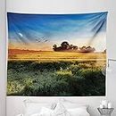 Lunarable Landscape Tapestry King Size, Photo of the Meadows in Wind Morning with Moon and Sky Landcape Pastoral Home, Wall Hanging Bedspread Bed Cover Wall Decor, 104" X 88", Multicolor
