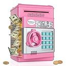 Alcancía electrónica para niños, caja de dinero con contraseña/música, caja de seguridad de efectivo con desplazamiento automático, gran y práctico regalo de cumpleaños para niños y niñas (rosa)