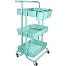 Ceeyali 3-Tier Rolling Utility Cart Storage Shelf Multifunction Organizer Storage Cart with Handle and Lockable Wheels and 3PCS Cup for Home Kitchen,Bathroom,Office,Laundry Room etc. (Blue)