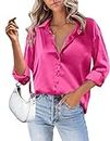 Hotouch Hot Pink Satin Casual Button Down Shirts for Women Silk Blouse Long Sleeve Classical Blouses Tops Hot Pink XL