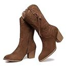 SHIBEVER Cowboy Cowgirl Boots for Women: Brown Women's Western Boots Country Chunky Heels Suede Zipper Mid Calf Booties Size 8.5