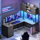 L Shaped Desk Computer Desk with Fabric Drawers & LED Light for Home Office Grey