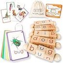 Little Bud Kids Spin-and-Read Phonics Toy, Rotating Wooden Reading Blocks with CVC Flash Cards, A Montessori Reading Learning Resources Toy for 3-5 Years Old