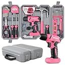 Hi-Spec 57 Piece Pink 8V Electric Power Drill Driver & Home DIY Tool Kit Set. Complete Hand Tools for Home & Office Repair. All in a Tool Box Case