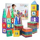 Playmags 100 3D Magnetic Blocks Set For Kids - Learn Shapes, Colors, & Alphabets - STEM Stronger Magnets Toys - Magnetic Building Blocks - Colorful & Durable Magnetic Tiles For Kids & Idea Book