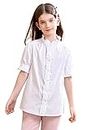 maoo garden Girls Casual Short-Sleeve Blouses Cotton Uniform Shirts Ruffle Collar Button Down White 11-12Y