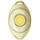 Nestasia Yellow and Green Mandala Ceramic Long Dish with Handles for Serving Snacks, Appetizers, Salads, and Noodles| Microwave Safe, Dishwasher Safe (10.8 Inch)