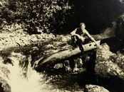 Man On Log In River By Waterfall Rocks B&W Photograph 2.75 x 4