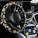 Frienda 5 Pcs Hippie Car Accessories Set Hippie Flower Steering Wheel Cover with Daisy Air Vent Clips Universal Boho Floral Car Accessories for Women Men Girls