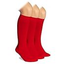 HUGH UGOLI Knee High Bamboo Socks for Girls Boys and Toddlers, Solid Color Long School Uniform Socks 3-14 Years Old, 3 Pairs, Red, 9-11 Years
