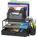 SimpleHouseware Mesh Desk Organizer with Sliding Drawer, Double Tray and 5 Stacking Sorter Sections, Black