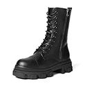 DREAM PAIRS Women?s Combat Boots Lace up Mid Calf Boots Low Heel Chunky Platform Lug Sole Boots, Black/Pu, 9