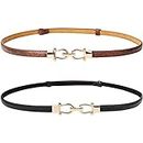 JASGOOD Leather Skinny Women Belt Thin Waist Belts for Dresses up to 37 Inches with Golden Buckle 2 Pack, B-black+brown, Waist size below 37'' (JA020)