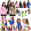 Womens Glossy T-Shirt Crop Tops Stretchy Fit Yoga Sports Fitness Tee Undershirt