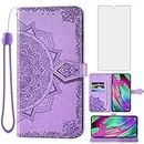 Compatible with Samsung Galaxy A40 Wallet Case and Tempered Glass Screen Protector Leather Mandala Flower Flip Cover Credit Card Holder Stand Cell Phone Cases for Glaxay A 40 Gaxaly 40A Women Purple