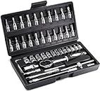 46Pcs 1/4 Inch Drive Socket Set,Metric Ratchet Wrench Set With 4-14Mm Cr-V Sockets,S2 Bits,Extension Bars,Mechanic Tool Kits For Household Auto Repair (46 In 1 Tool Kit Set), Box End