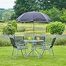 SA Products 4-Seat Garden Bistro Furniture Set - Four Steel & Textilene Chairs - Tempered Glass Round Table with Parasol Umbrella for Al Fresco or Outdoor Dining - For Patio, Backyard, Poolside, Lawn