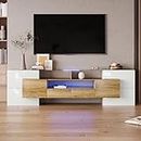 Kayan Moderner TV Schrank, Fernsehtisch mit 6 Schließfach, 2 Schublade und 3 offenes Regal, 200cm lang, Hochglänzendes LED-TV-Lowboard für Wohnzimmer und Esszimmer (Natürliche)
