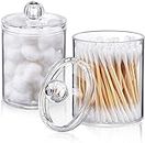 Topinon 2 Pack Qtip Holder Dispenser for Cotton Ball, Cotton Swab Cotton Round Pads, Floss - 10 oz Clear Plastic Apothecary Jar Set for Bathroom Canister Storage Organization, Vanity Makeup Organizer