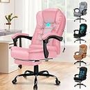 ELFORDSON Pink Office Chair for Home Office, Massage Office Chair with Footrest, Pink Gaming Desk Chair, Comfy PU leather Chair for Adults (Pink)