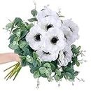 10 Pcs Artificial Anemone Poppy White Flowers and Green Eucalyptus Stems Decor Fake Silk Flowers Greenery Branches Leaves Faux Flowers Floral Arrangements for Wedding Bouquet Garland Vase Centerpiece