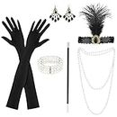 KEWUZY 6 Teiliges 20er Jahre Accessoires, 1920 Zubehör Set, Great Gatsby Party Kostüme Damen mit Flapper Stirnband Handschuhen Perlenkette Ohrringen für Halloween Weihnachten
