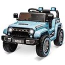 Kids 12V Ride On Car, Hetoy Battery Powered Electric Truck Car w/Parent Remote Control, Spring Suspension, 3 Speeds, LED Lights, Music & Horn, Kids Electric Vehicles Toy Gift for Boys Girls, Blue