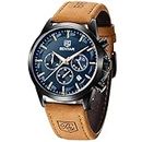 BY BENYAR Men's Watches Waterproof Sport Military Watch for Men Multifunction Chronograph Black Fashion Quartz Wristwatches Calendar with Leather Strap/Stainless Steel, Brown-black blue, Casual