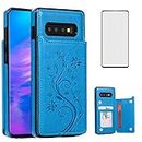 Phone Case for Samsung Galaxy S10 Plus with Tempered Glass Screen Protector and Card Holder Wallet Cover Stand Flip Leather Cell Accessories Glaxay S10+ 10S S 10 10plus S10plus Cases Women Men Blue