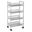 4-Tier Silver Mobile Steel Storage Cart with Side Hooks