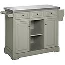 HOMCOM Rolling Kitchen Island with Storage, Kitchen Cart with Stainless Steel Top, Spice Rack & Drawers, Gray