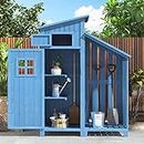 Aptliton 4x5.7FT Tool Shed, Garden Storage Shed, Wooden Outdoor Storage Shed, Garden Sheds Tool Cupboard, Slope Roof, Roof Hatch, Blue (Wooden Hut, Garden Shed)