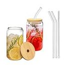 Glass Cups with Lids and Straws, 16oz Glasses Drinking Set, Can Shaped Drinking Glasses, Reusable Glass Tumbler with Straw and Lid for Beer Iced Coffee Whiskey Water(2pcs)