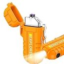 Electric Lighter USB C Rechargeable Lighter with Flashlight,Dual Arc Plasma Lighter,Electronic Windproof and Waterproof Lighter for Men,Camping Lighter,Cool Gadgets,Survival,Fishing,EDC Gear(Orange)