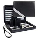 Compact Travel Magnetic Backgammon with Carrying Strap - Black with Grey Stripe
