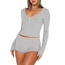 WangsCanis Women 2 Piece Ribbed Knit Pajama Set Long Sleeve Button Down Crop Top with Shorts Lounge Pj Set Sleepwear (560 Gray, S)