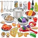 Kidsciety Pretend Play Kitchen Accessories, 52pc Kids Kitchen Playset with Play Food, Stainless Steel Cookware, Kitchen Toys Pots and Pans, Toddler Kitchen Set with Cuttable Toy Food, Boys Girls Gift