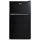 Midea WHD-113FB1 Double Door Mini Fridge With Freezer For Bedroom Office With Adjustable Legs Removable Glass Shelves Compact Refrigerator, 3.1 Cu Ft, Black